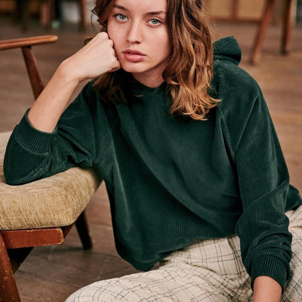 Sezane Mary Sweatshirt Sage Green Velvet Corduroy Ribbed Pullover Hoodie Sweater